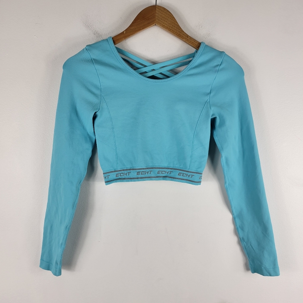 Echt Arise Scrunch Strappy Plunge Back Long Sleeve Spellout Workout Crop Top